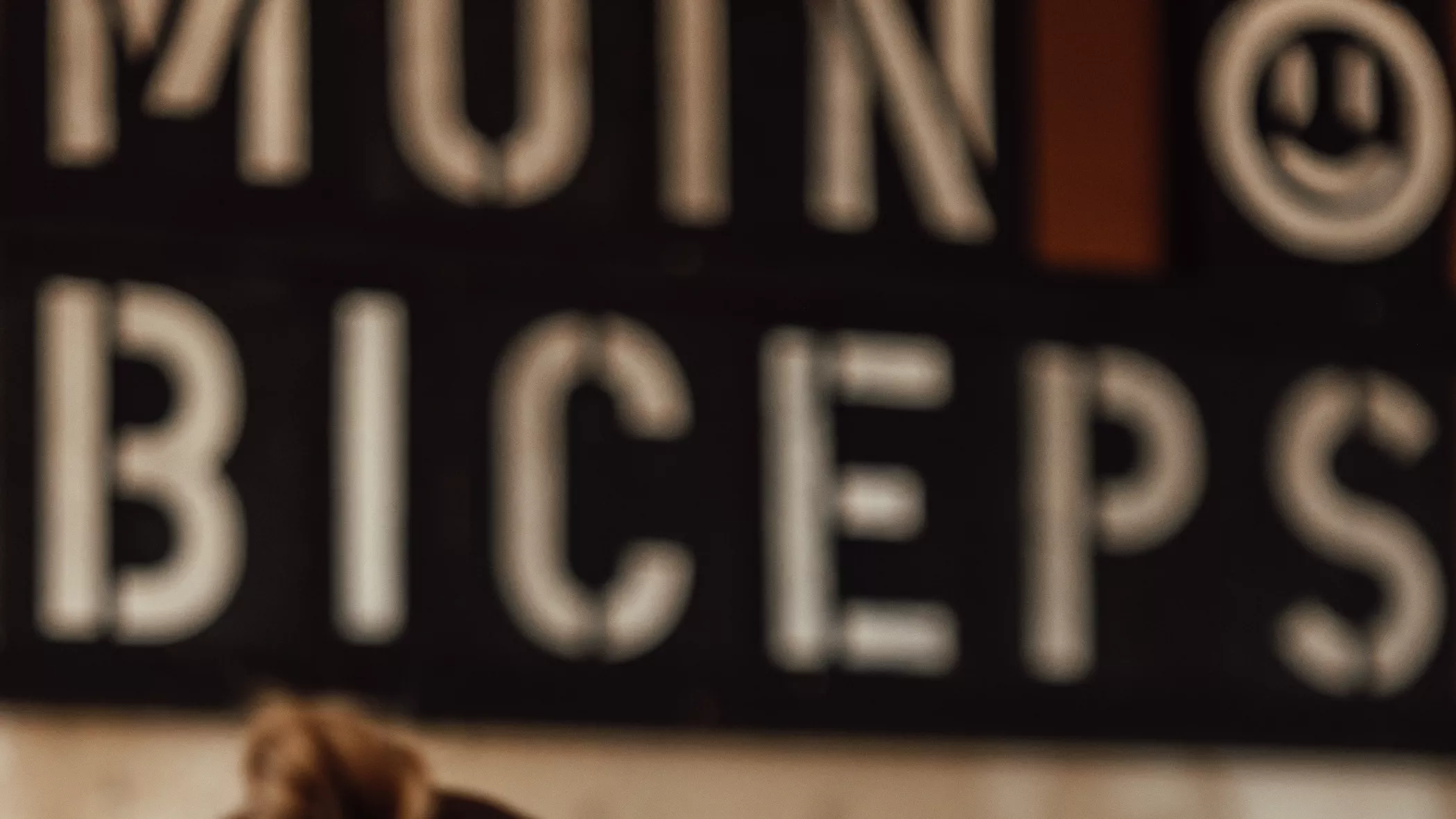 Vintage-Leuchtschild mit der Aufschrift MOIN BICEPS an einer Wand, teilweise unscharf im Hintergrund.