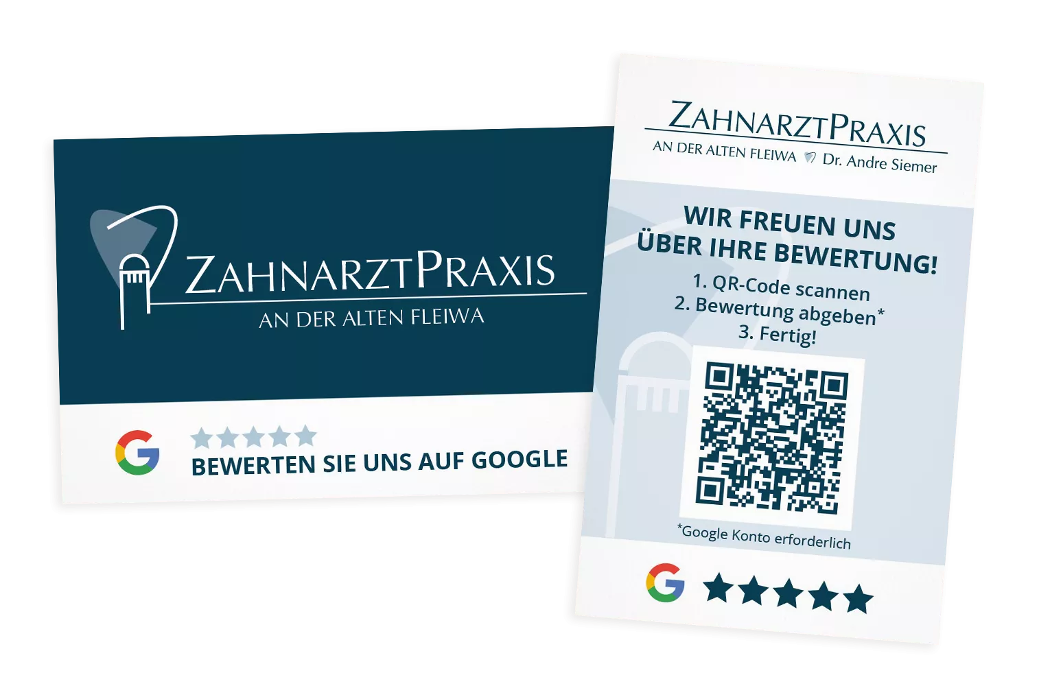 Zwei Bewertungskarten der „Zahnarztpraxis an der Alten Fleiwa“. Eine Karte zeigt das Praxislogo und den Aufruf „Bewerten Sie uns auf Google“, die andere bietet eine Anleitung zur Bewertung per QR-Code. Beide Designs verwenden eine harmonische Kombination aus Dunkelblau und Weiß mit klaren, modernen Gestaltungselementen.