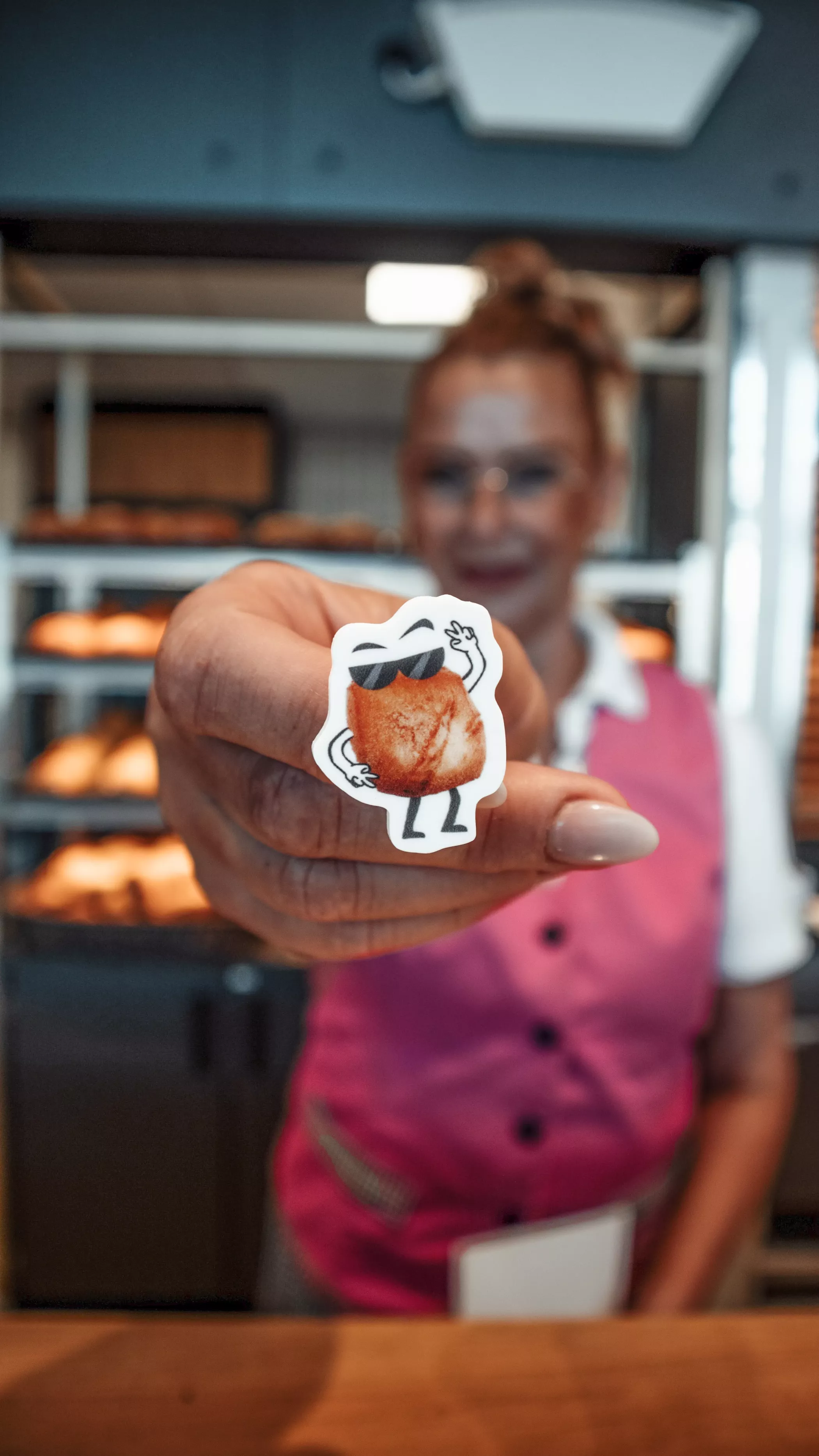 Mitarbeiterin der Altstadtbäckerei Richter hält einen Eckbert-Button in die Kamera, im Hintergrund sind Brotauslagen unscharf zu erkennen. Der Button zeigt die gezeichnete Figur des Brötchens Eckbert mit Augen, Armen und Beinen.
