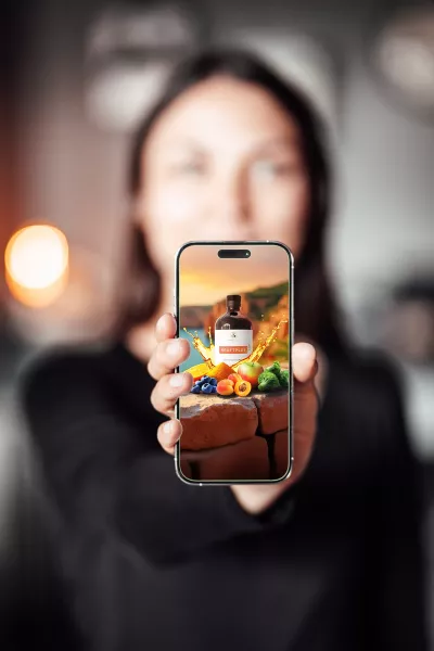 Person hält ein Smartphone, auf dessen Display eine Essenza-Natural-Flasche mit Früchten als Produktmotiv für natürliche Nahrungsergänzungsmittel zu sehen ist.
