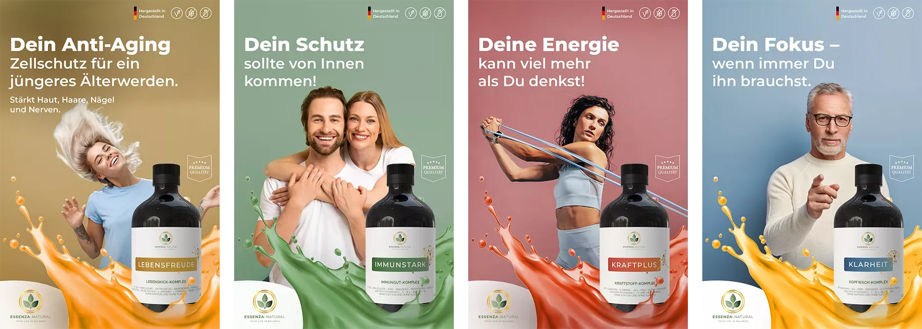Mehrere Flaschen von Essenza Natural Nahrungsergänzungsmitteln mit natürlichen Zutaten und Symbolen für Gesundheit, Energie und Immunsystem.