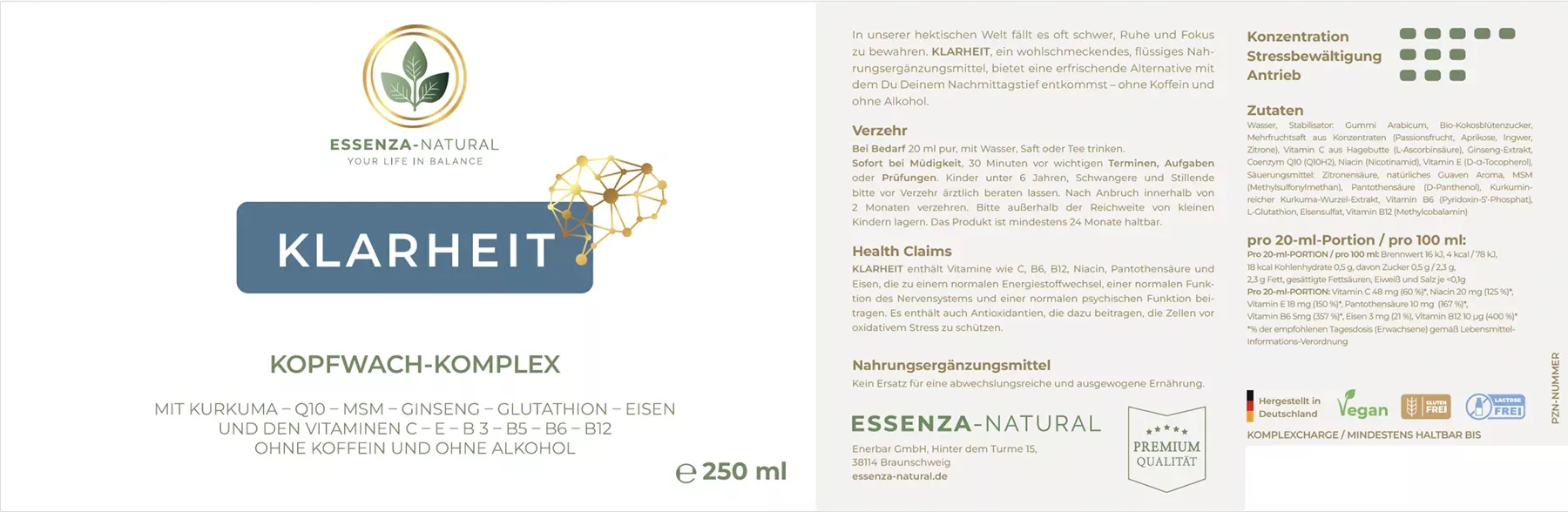 Etikett des Essenza-Natural-Produkts „Klarheit“ mit Angaben zum Kopfwach-Komplex, Inhaltsstoffen und Produktinformationen.