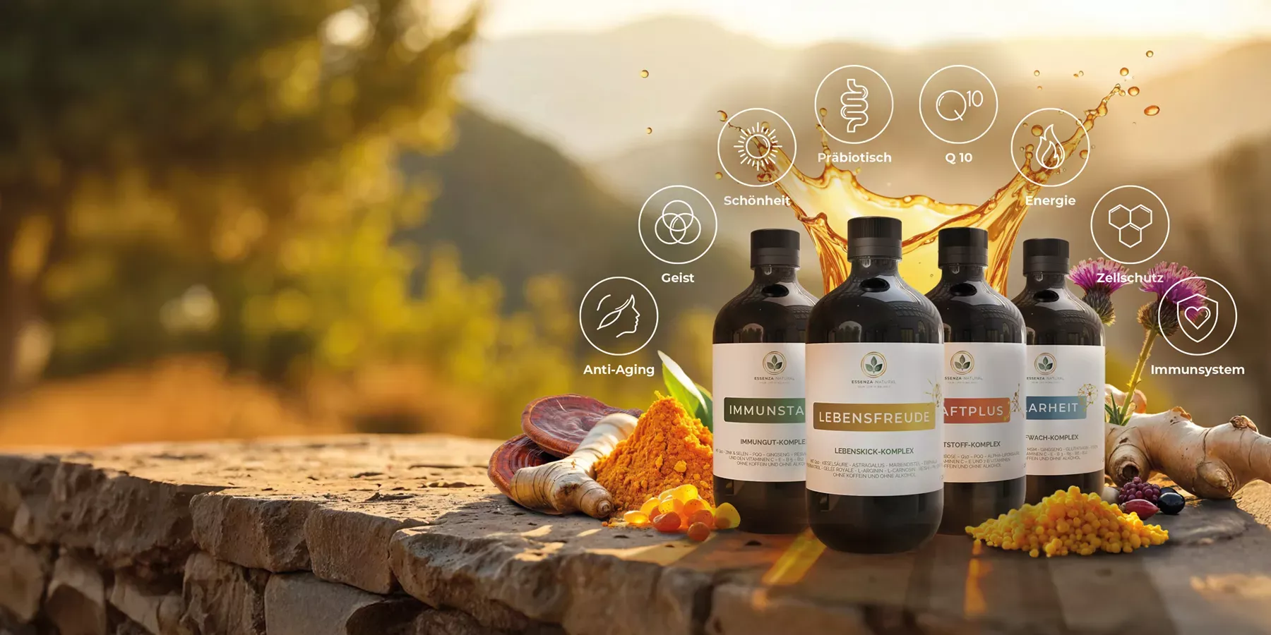 Mehrere Flaschen von Essenza Natural Nahrungsergänzungsmitteln mit natürlichen Zutaten und Symbolen für Gesundheit, Energie und Immunsystem.