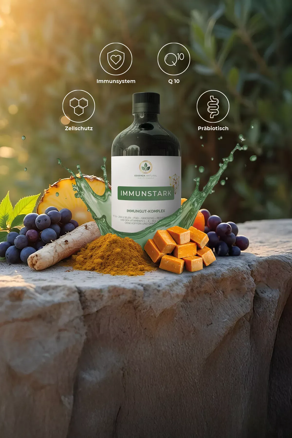 Flasche „Immunstark“ von Essenza Natural, umgeben von natürlichen Zutaten, mit Icons für Immunsystem, Zellschutz, Q10 und Präbiotik.