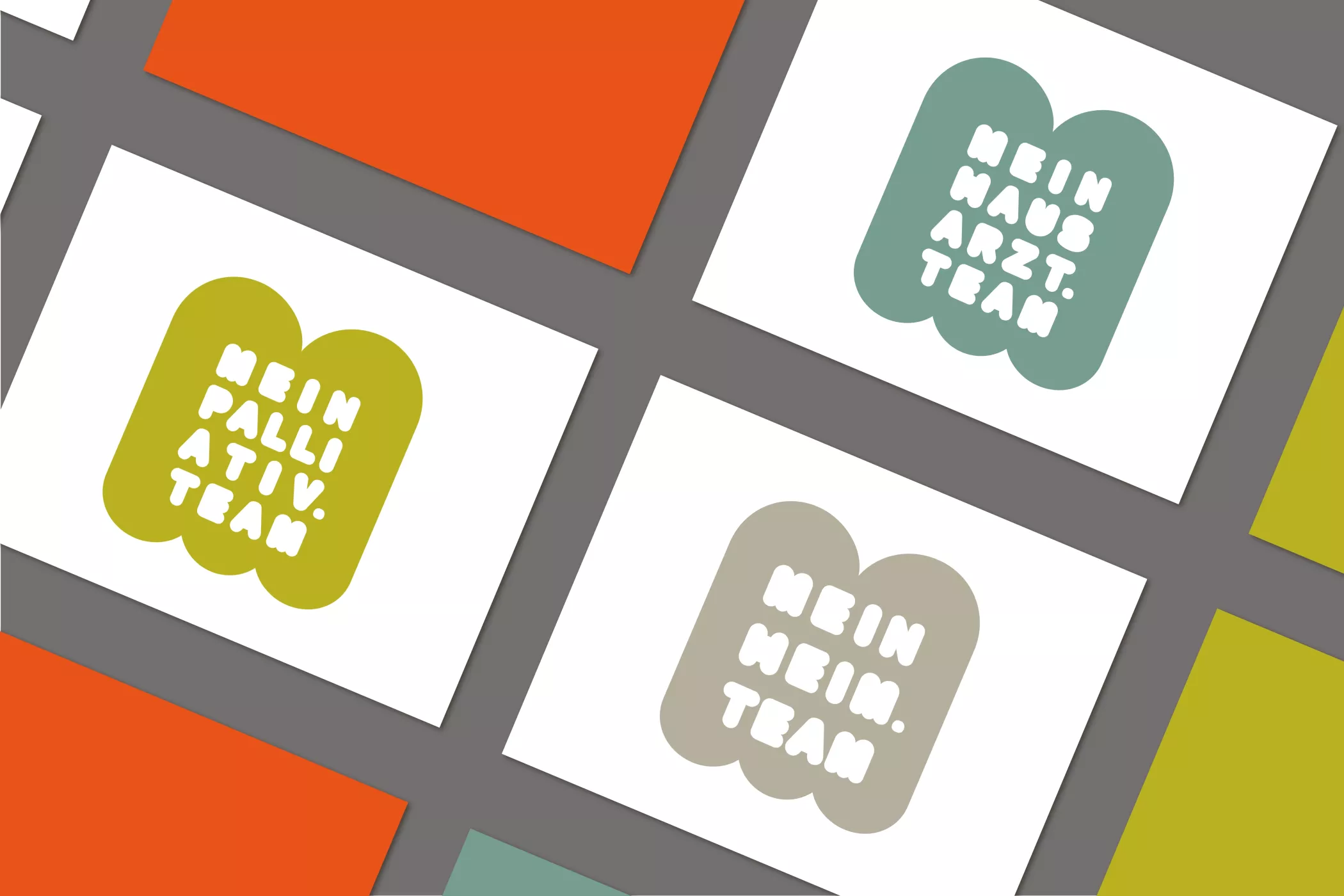 Modulare Logoreihe des Markenauftritts von meinhausarzt.team: Drei grafisch ähnliche Logos in freundlichen, gedeckten Farben mit den Schriftzügen ‚MEIN HAUSARZT.TEAM‘, ‚MEIN PALLIATIV.TEAM‘ und ‚MEIN HEIM.TEAM‘ – jeweils in abgerundeten Formen, gestaltet im einheitlichen Stil zur visuellen Markenfamilie.